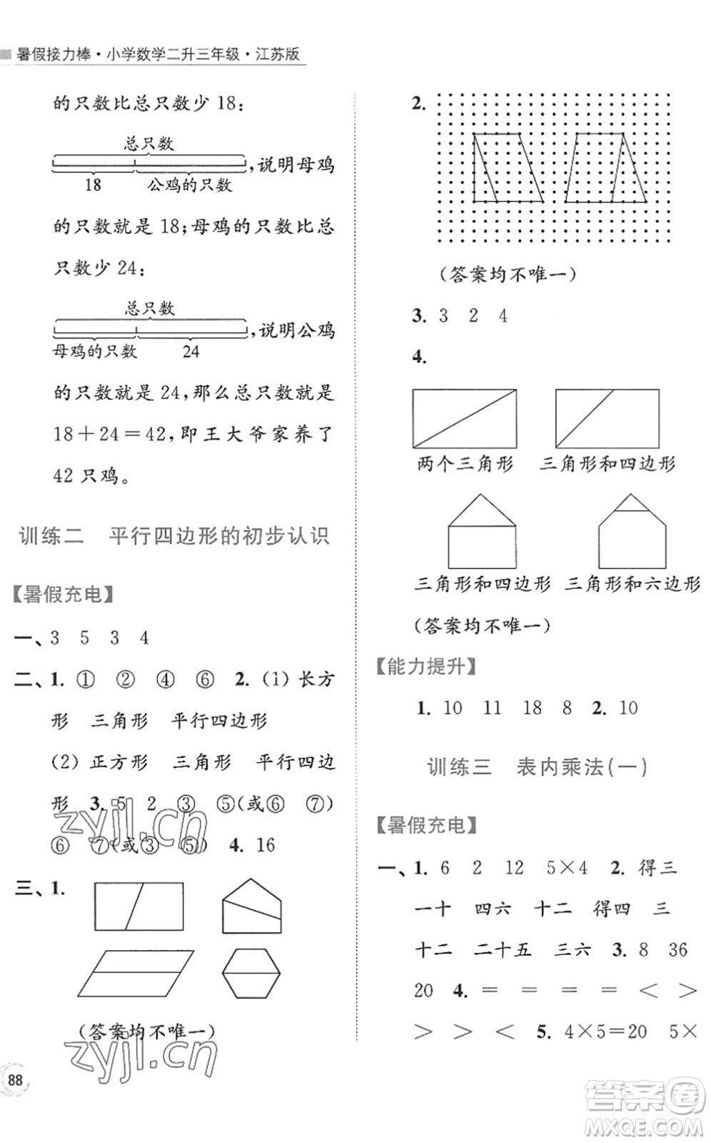 江蘇鳳凰美術(shù)出版社2022暑假接力棒小學(xué)數(shù)學(xué)二升三年級(jí)江蘇版答案