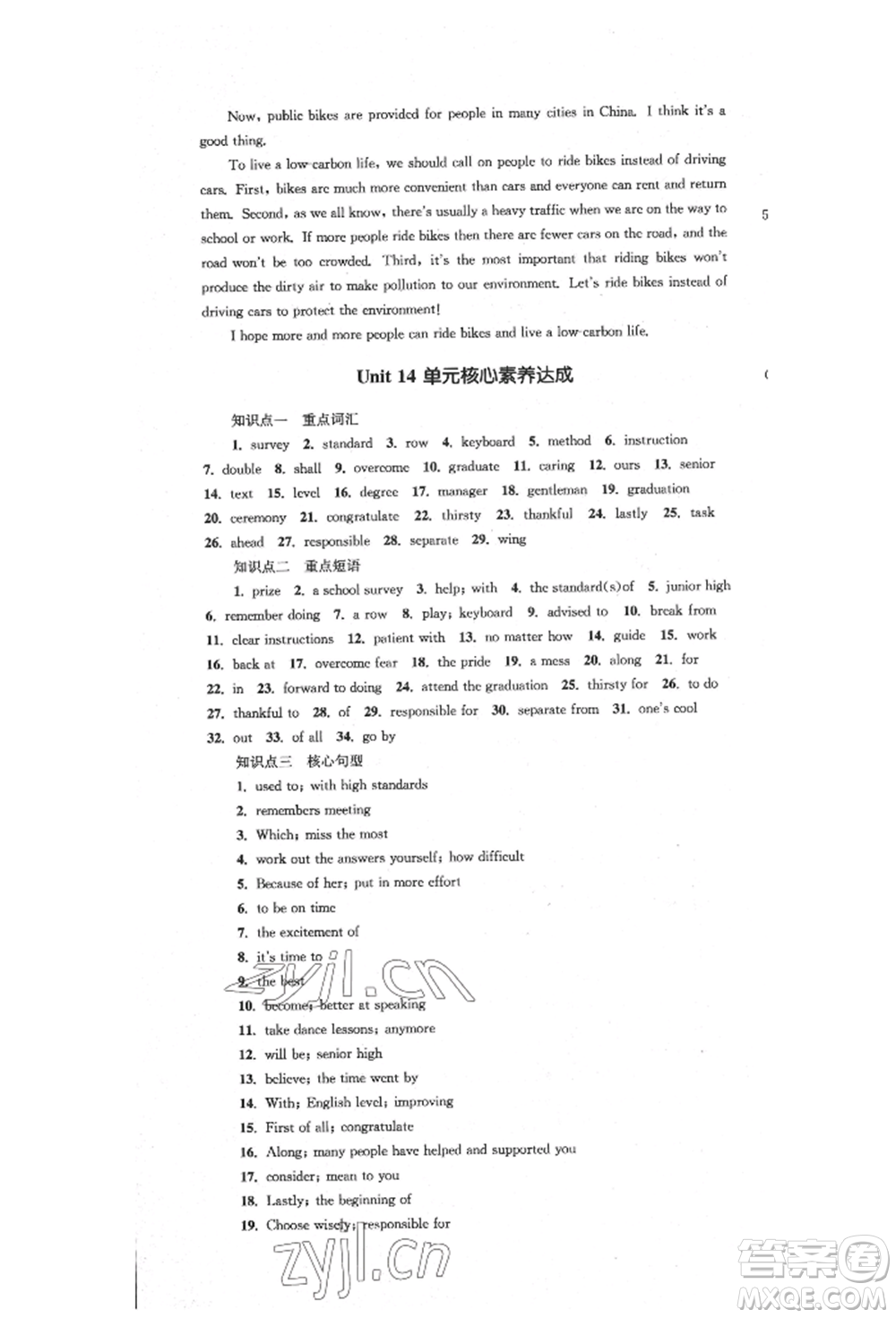 湖南教育出版社2022學(xué)科素養(yǎng)與能力提升九年級下冊英語人教版參考答案