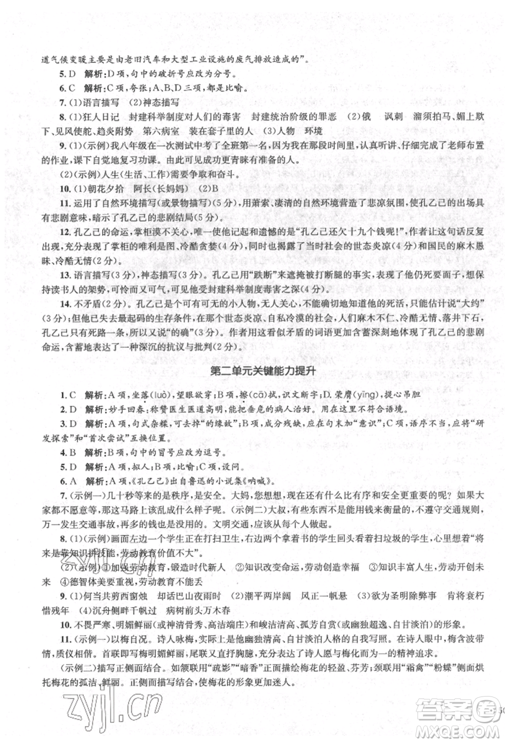 湖南教育出版社2022學(xué)科素養(yǎng)與能力提升九年級(jí)下冊(cè)語文人教版參考答案