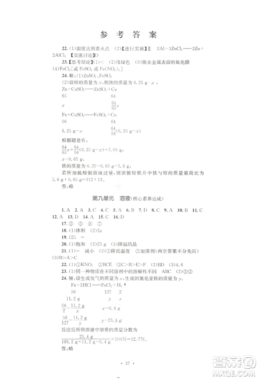 湖南教育出版社2022學(xué)科素養(yǎng)與能力提升九年級下冊化學(xué)人教版參考答案