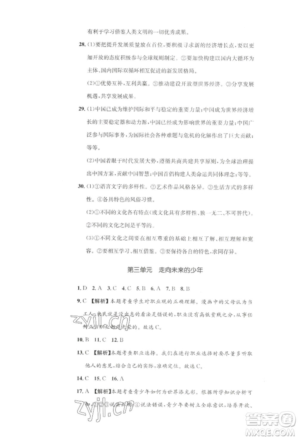 湖南教育出版社2022學(xué)科素養(yǎng)與能力提升九年級(jí)下冊(cè)道德與法治人教版參考答案