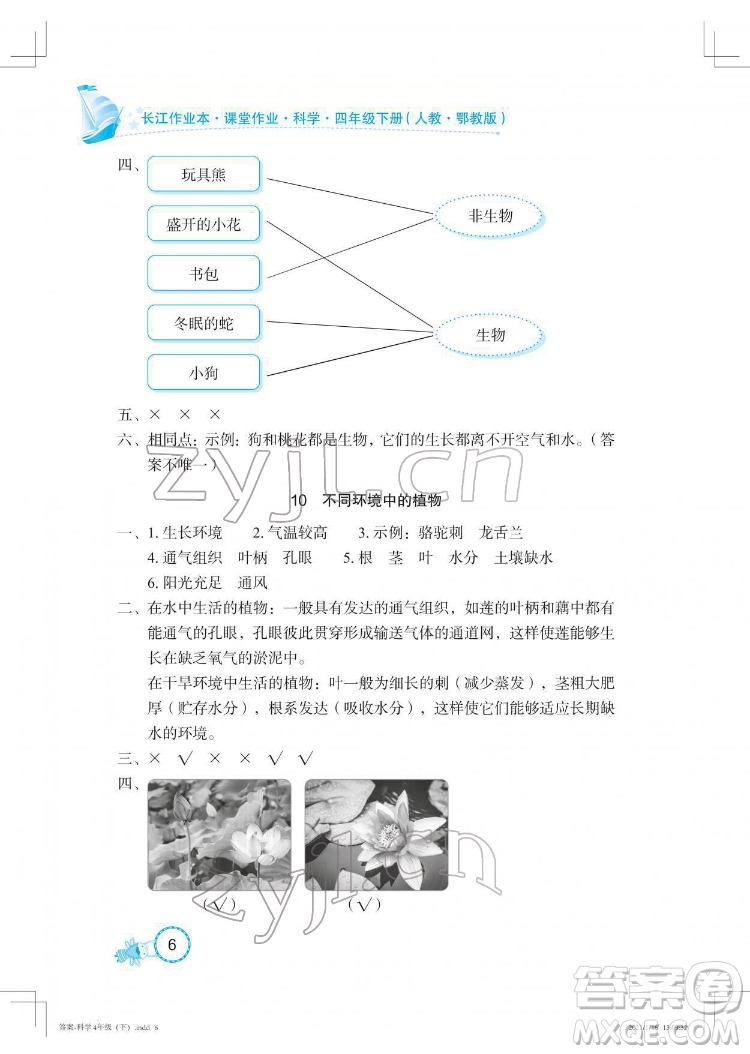 湖北教育出版社2022長江作業(yè)本課堂作業(yè)科學(xué)四年級下冊鄂教版答案
