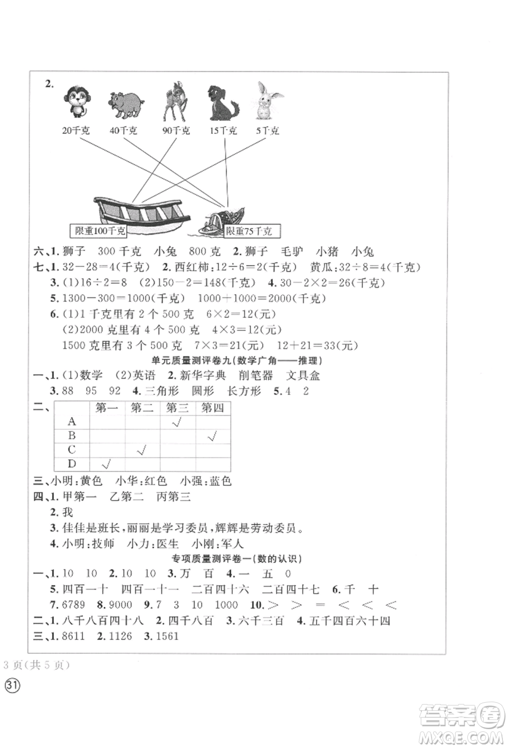 四川辭書出版社2022學(xué)科素養(yǎng)質(zhì)量測(cè)評(píng)卷二年級(jí)下冊(cè)數(shù)學(xué)人教版參考答案