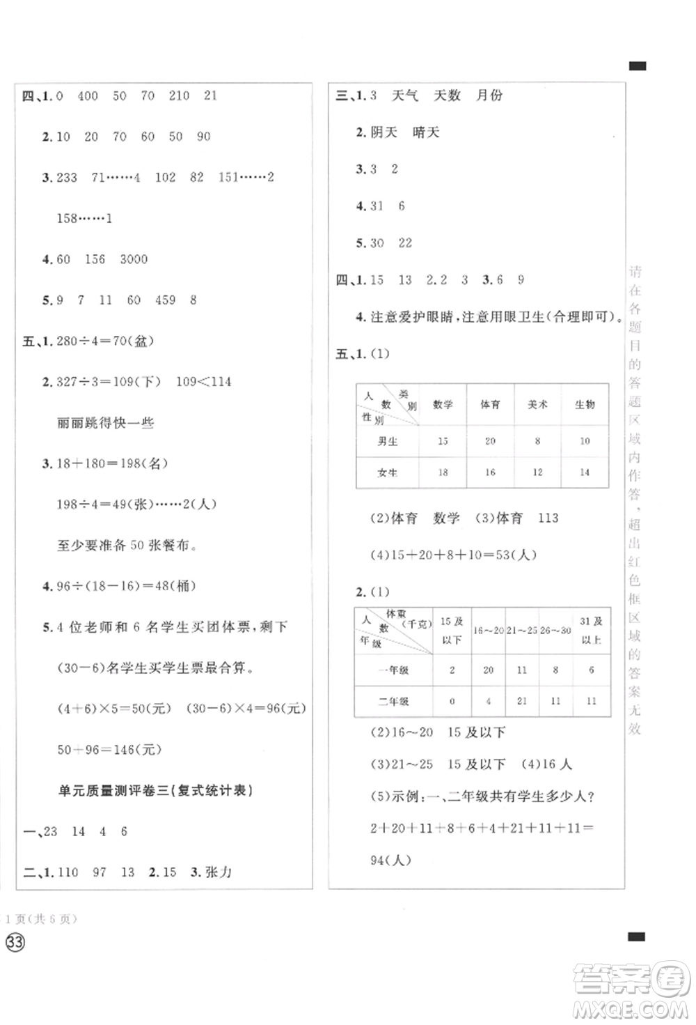 四川辭書出版社2022學(xué)科素養(yǎng)質(zhì)量測(cè)評(píng)卷三年級(jí)下冊(cè)數(shù)學(xué)人教版參考答案