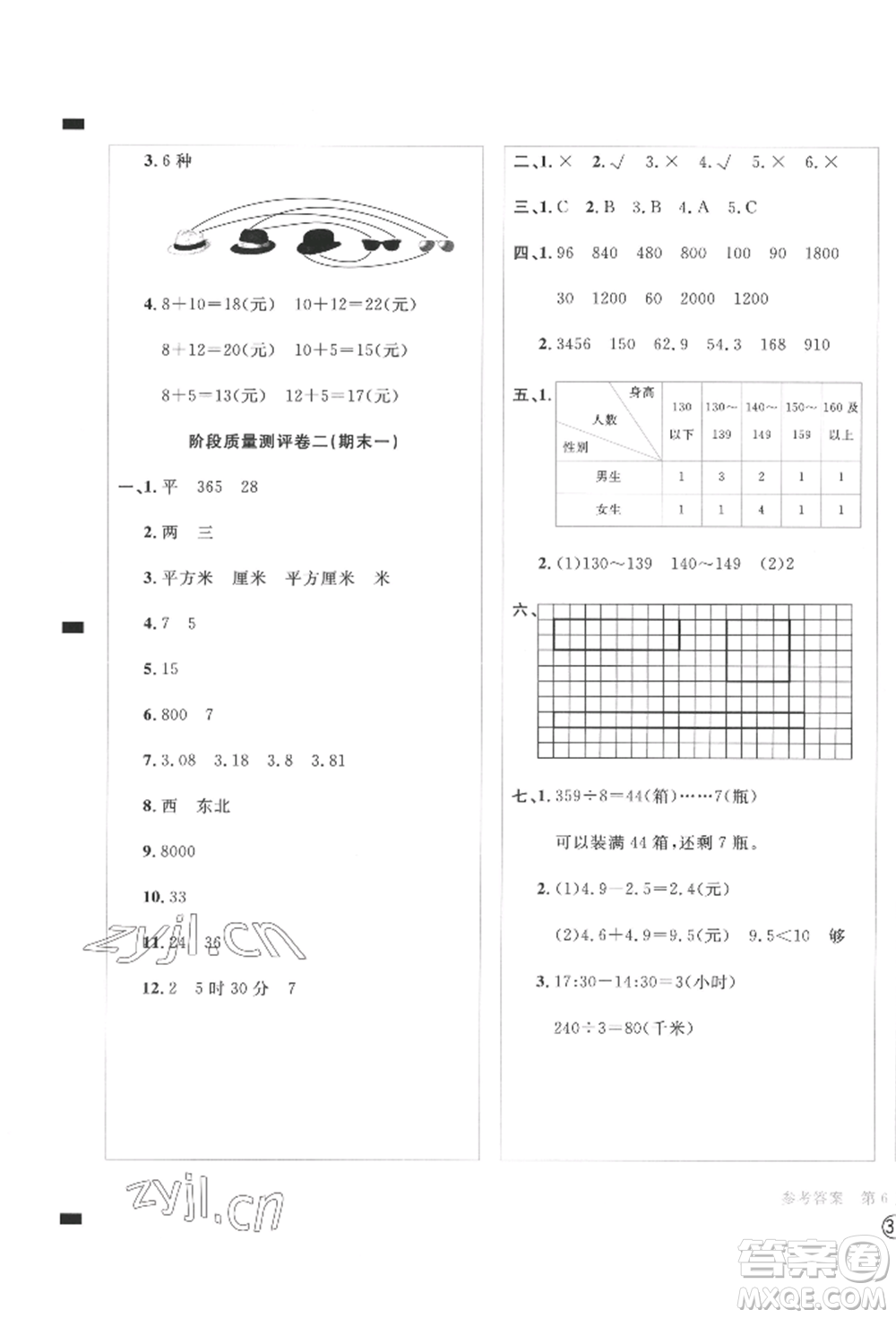 四川辭書出版社2022學(xué)科素養(yǎng)質(zhì)量測(cè)評(píng)卷三年級(jí)下冊(cè)數(shù)學(xué)人教版參考答案
