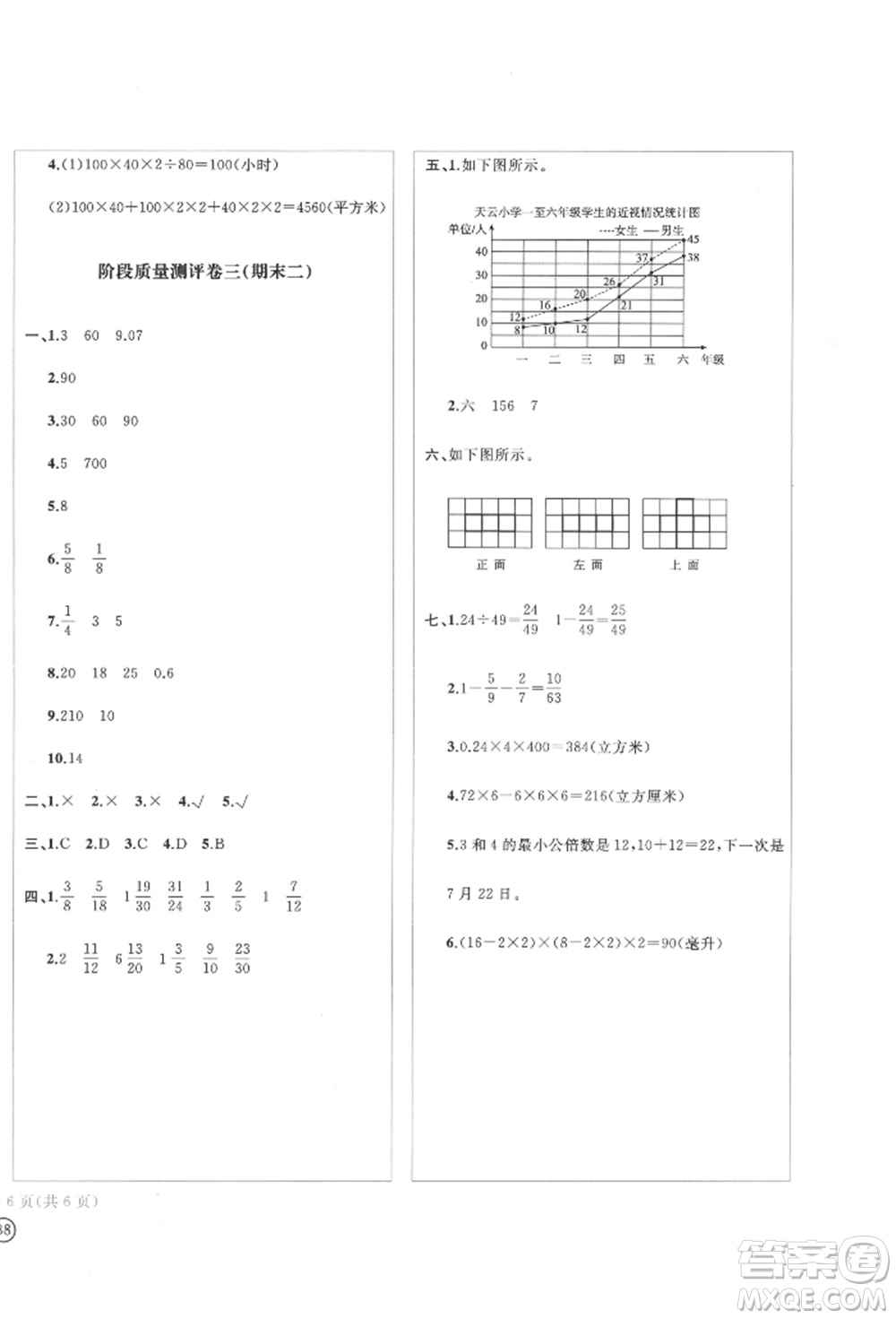 四川辭書出版社2022學(xué)科素養(yǎng)質(zhì)量測評卷五年級下冊數(shù)學(xué)人教版參考答案