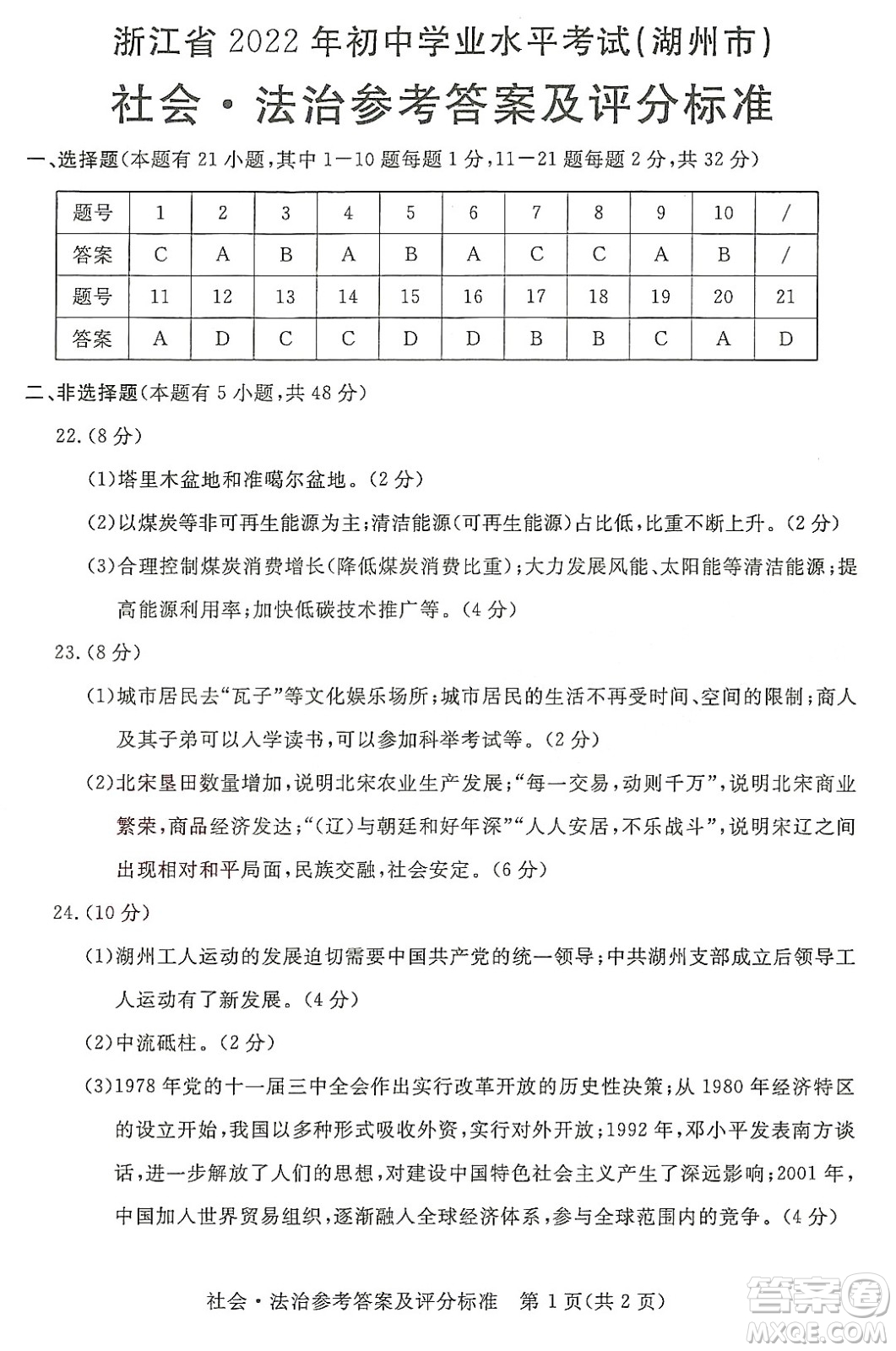 2022浙江省初中學(xué)業(yè)水平考試湖州卷社會(huì)與法治試題及答案