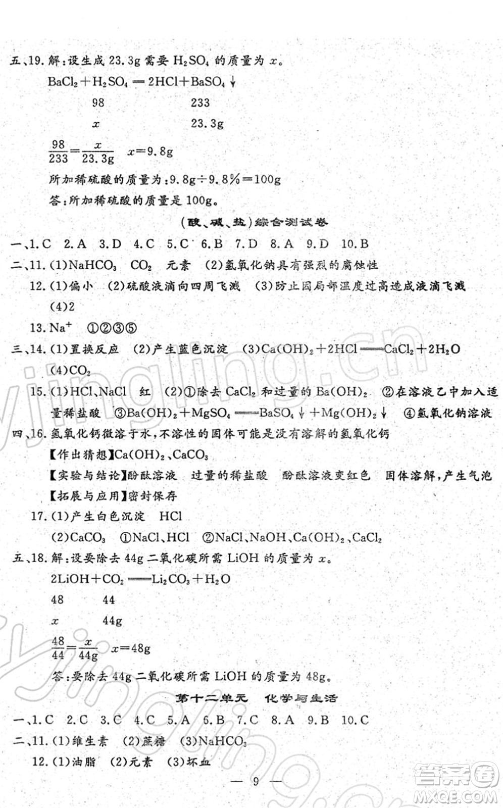 吉林教育出版社2022文曲星中考總復(fù)習(xí)九年級(jí)化學(xué)下冊(cè)RJ人教版答案