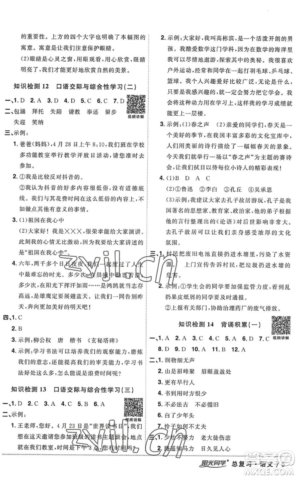 江西教育出版社2022陽光同學小學畢業(yè)升學系統(tǒng)總復習六年級語文下冊人教版答案