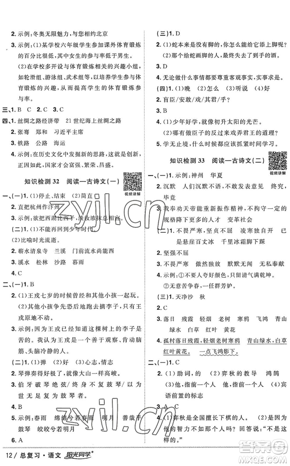 江西教育出版社2022陽光同學小學畢業(yè)升學系統(tǒng)總復習六年級語文下冊人教版答案