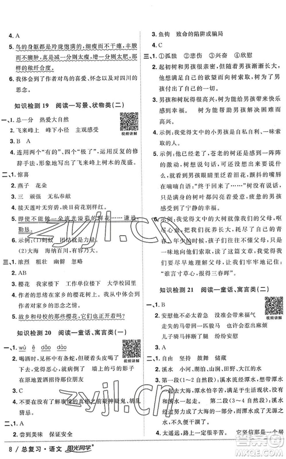 江西教育出版社2022陽光同學小學畢業(yè)升學系統(tǒng)總復習六年級語文下冊人教版答案