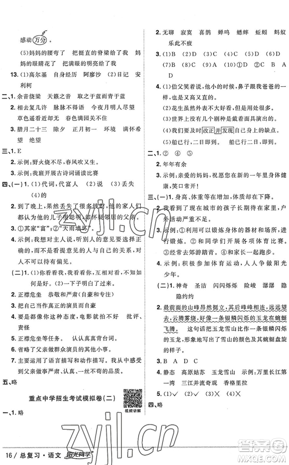 江西教育出版社2022陽光同學小學畢業(yè)升學系統(tǒng)總復習六年級語文下冊人教版答案