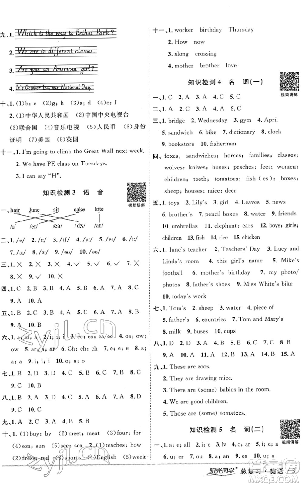 江西教育出版社2022陽光同學(xué)浙江省小學(xué)畢業(yè)升學(xué)系統(tǒng)總復(fù)習(xí)六年級(jí)英語下冊人教版答案