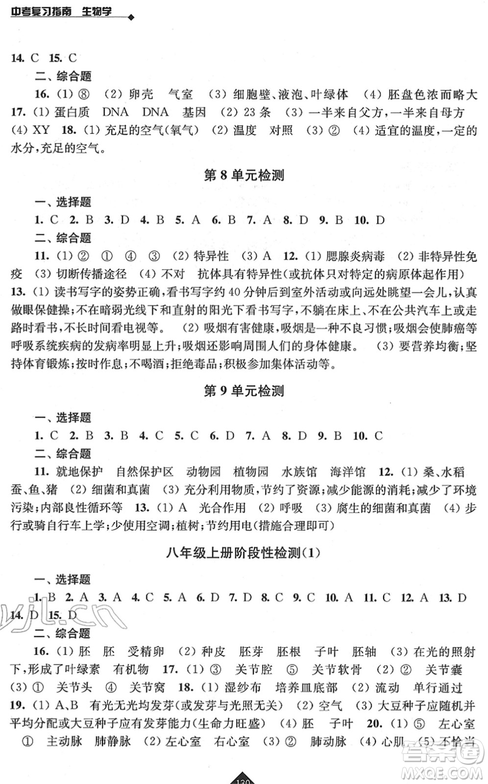 江蘇人民出版社2022中考復(fù)習(xí)指南九年級生物通用版答案