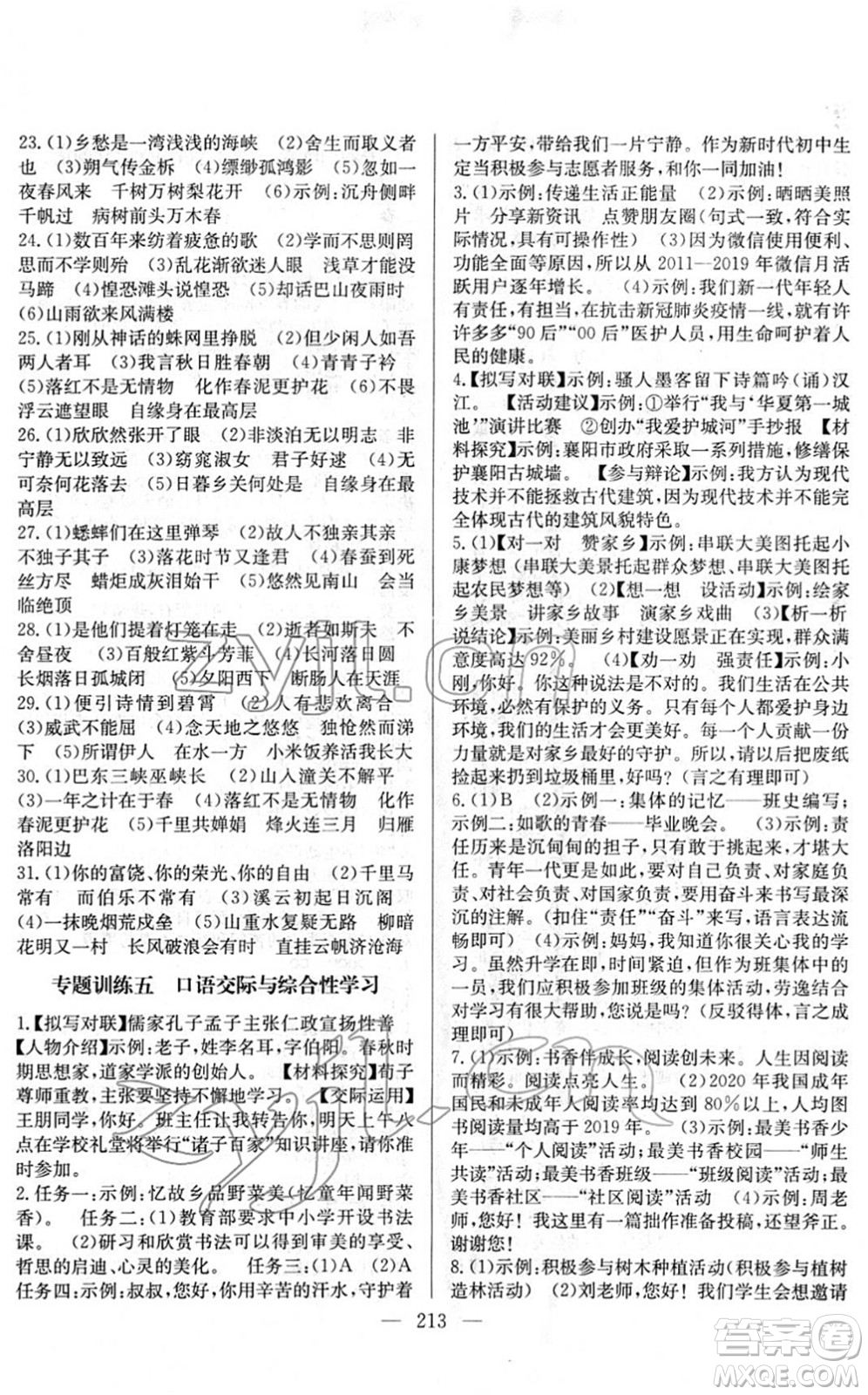長江少年兒童出版社2022中考復(fù)習(xí)指南九年級(jí)語文通用版答案