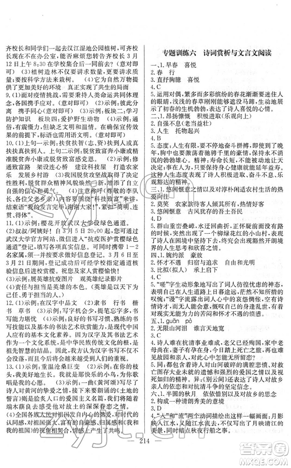 長江少年兒童出版社2022中考復(fù)習(xí)指南九年級(jí)語文通用版答案