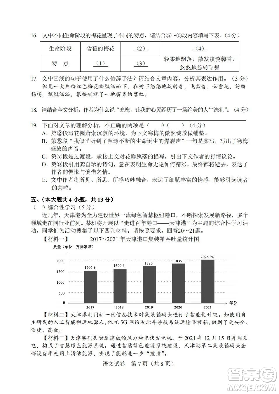 2022年天津市初中學(xué)業(yè)水平考試語(yǔ)文試題及答案