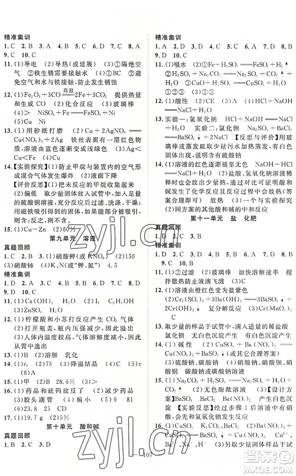 長(zhǎng)江少年兒童出版社2022中考復(fù)習(xí)指南九年級(jí)物理化學(xué)通用版咸寧專(zhuān)版答案