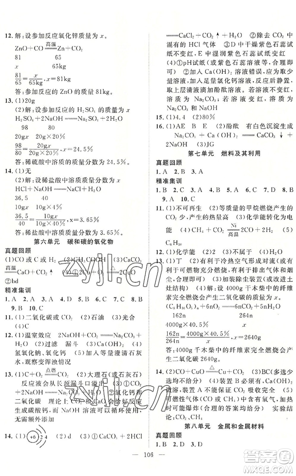 長(zhǎng)江少年兒童出版社2022中考復(fù)習(xí)指南九年級(jí)物理化學(xué)通用版咸寧專(zhuān)版答案