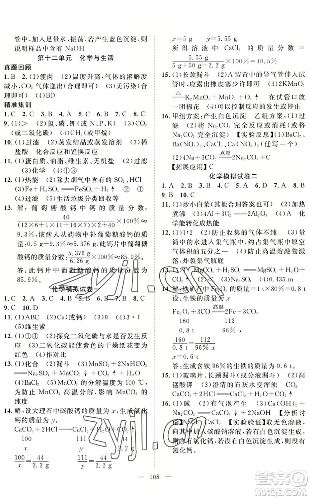 長(zhǎng)江少年兒童出版社2022中考復(fù)習(xí)指南九年級(jí)物理化學(xué)通用版咸寧專(zhuān)版答案