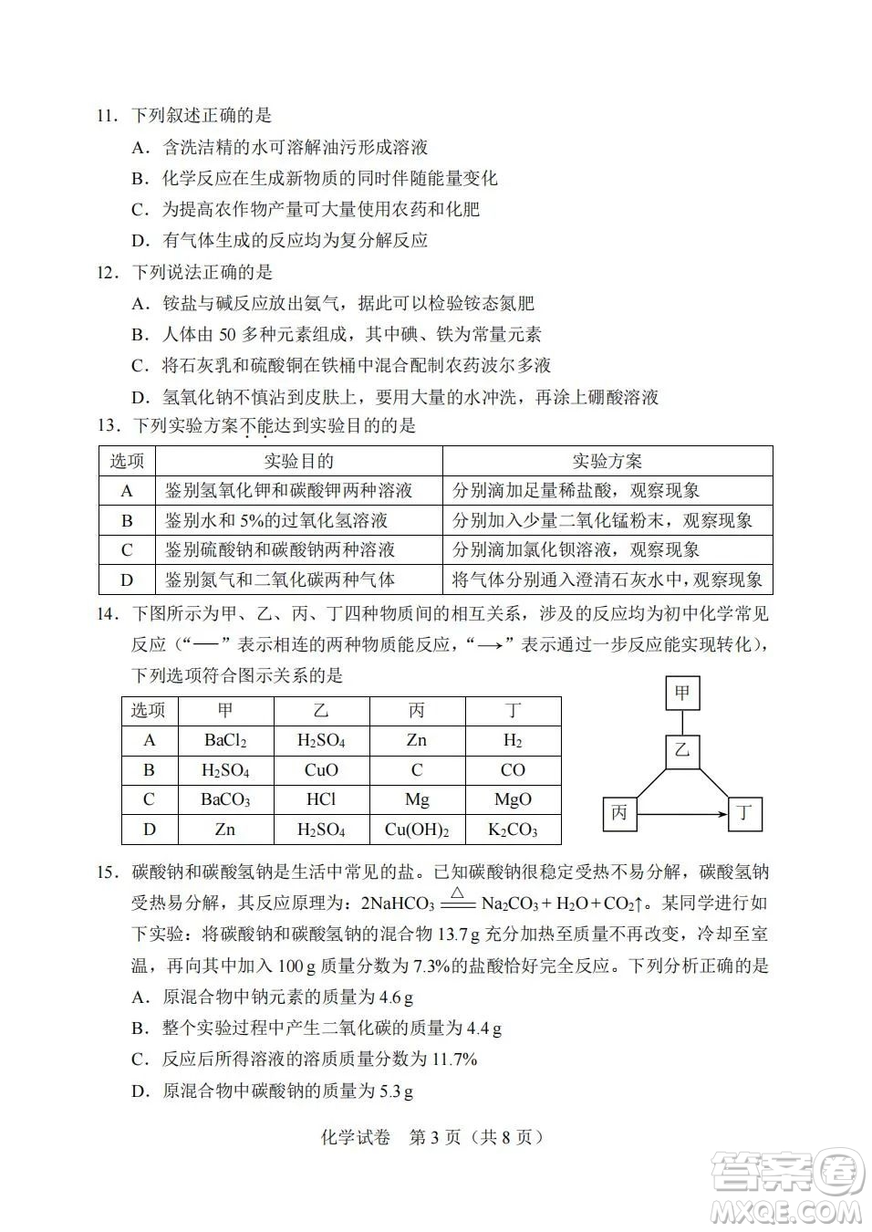 2022年天津市初中學業(yè)水平考試化學試題及答案