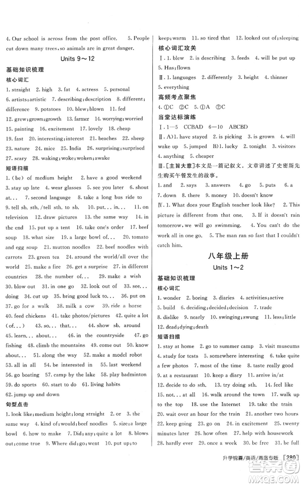 新疆青少年出版社2022升學(xué)錦囊九年級英語青島專版答案