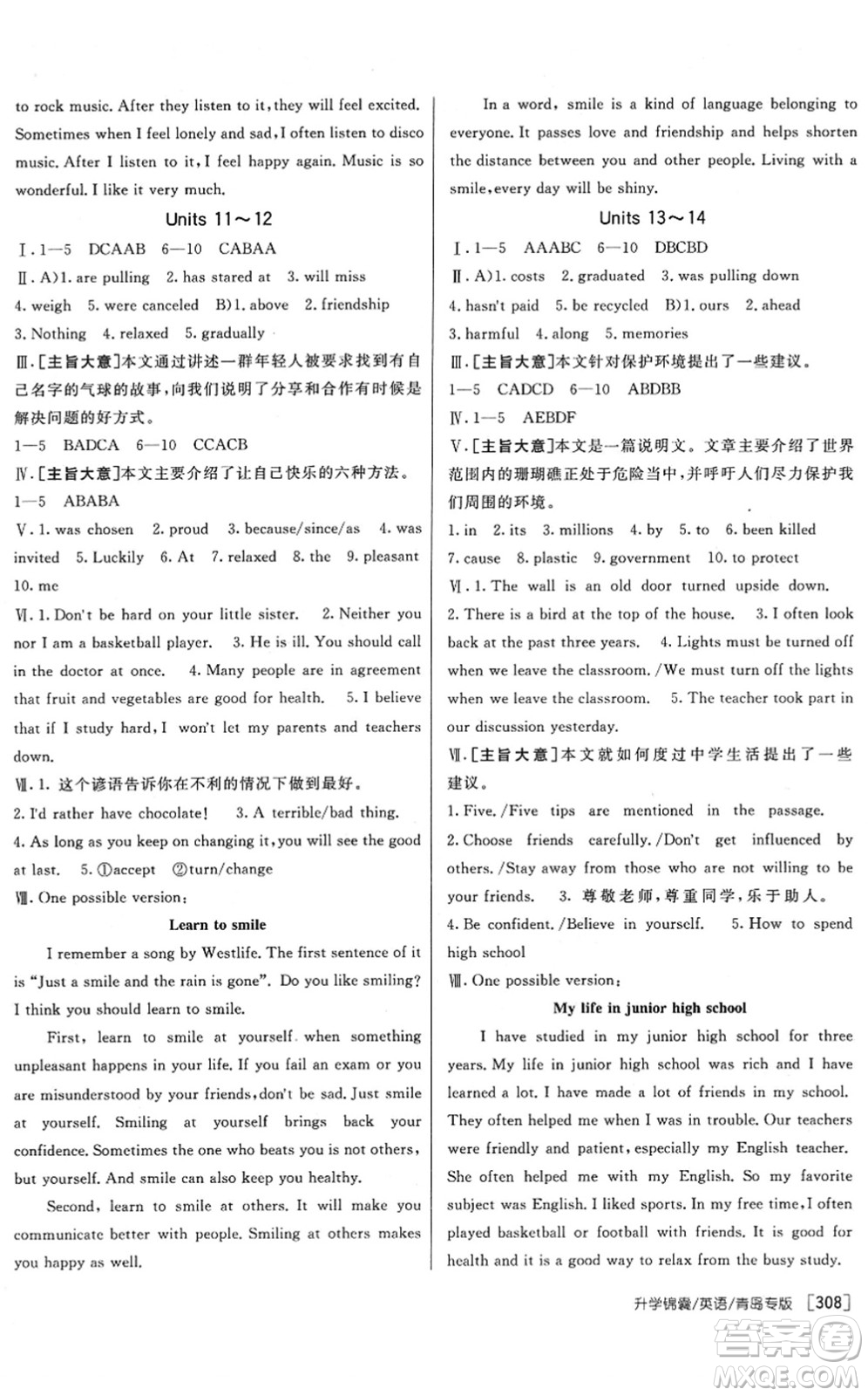 新疆青少年出版社2022升學(xué)錦囊九年級英語青島專版答案