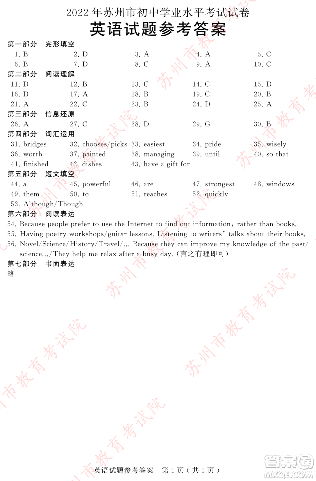 2022年蘇州市初中學(xué)業(yè)水平考試英語(yǔ)試卷及答案