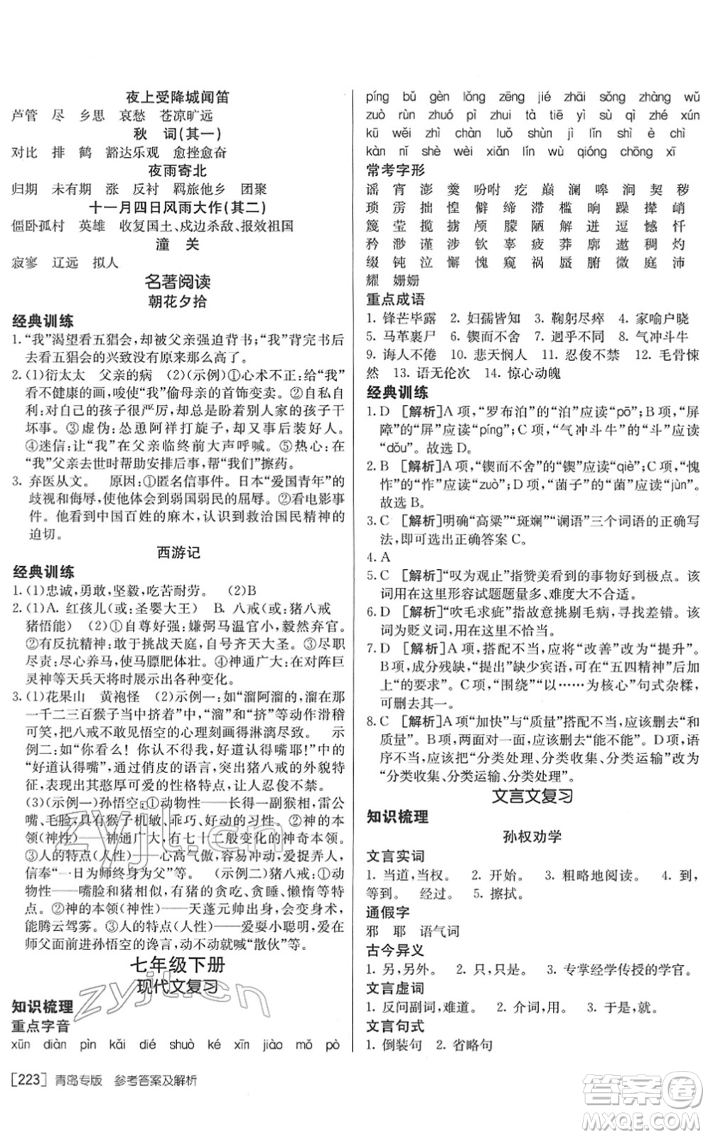 新疆青少年出版社2022升學(xué)錦囊九年級語文青島專版答案