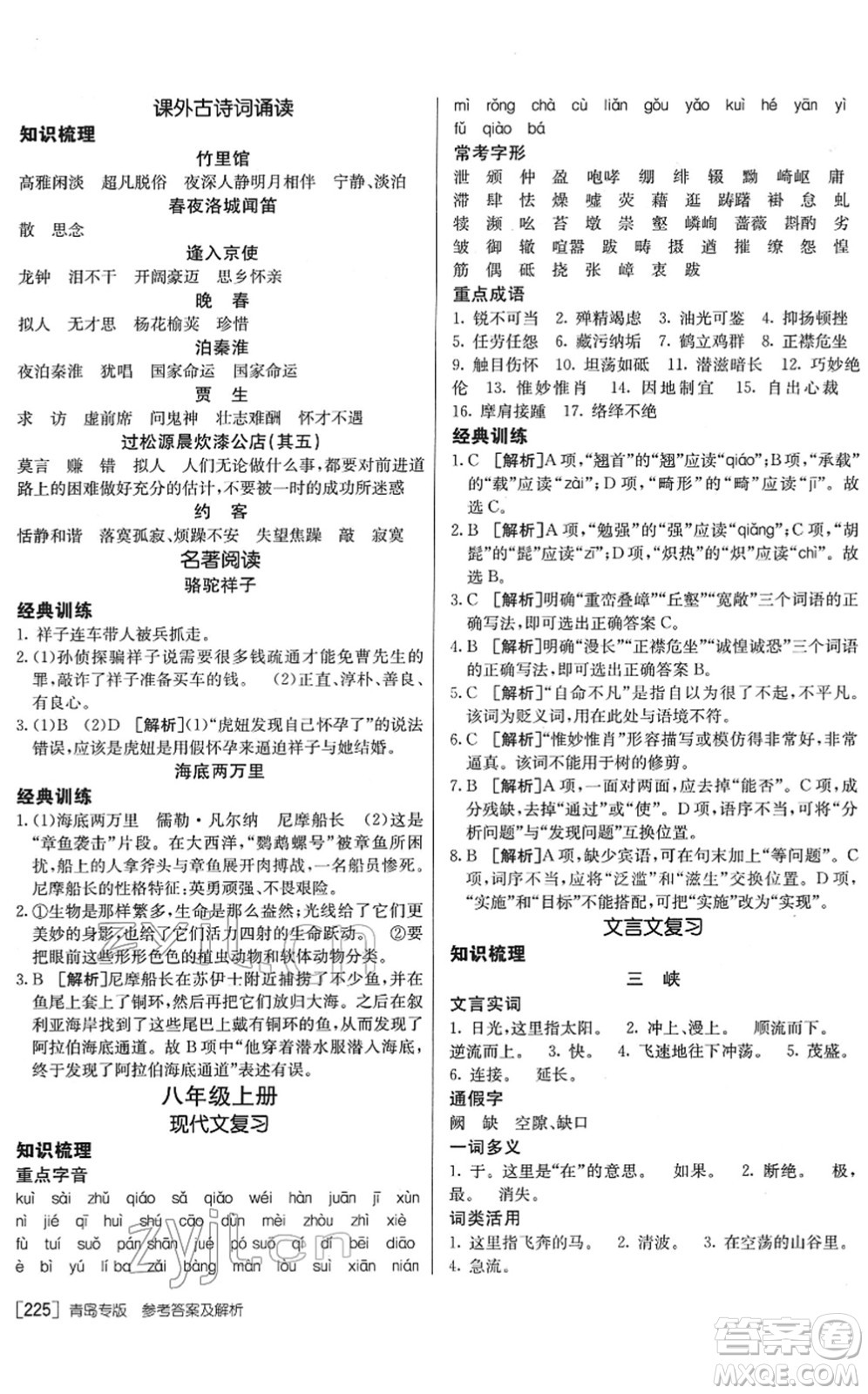 新疆青少年出版社2022升學(xué)錦囊九年級語文青島專版答案