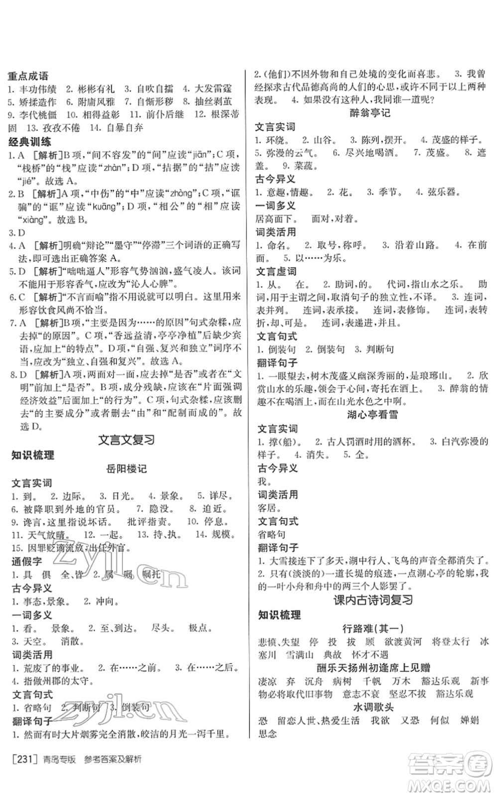 新疆青少年出版社2022升學(xué)錦囊九年級語文青島專版答案