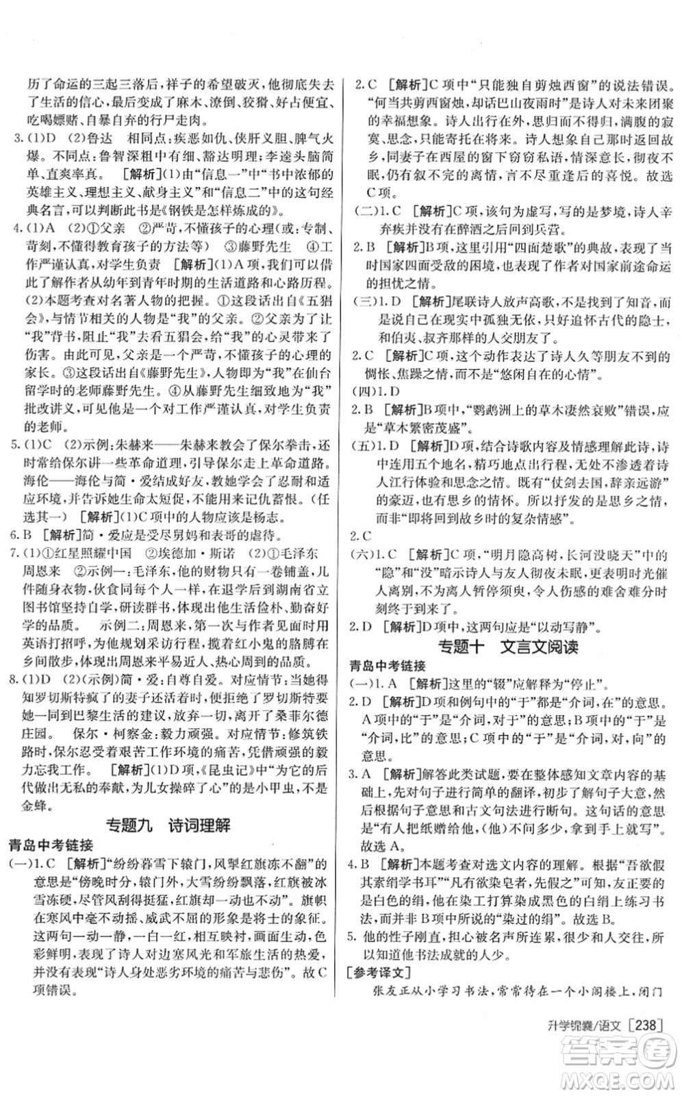 新疆青少年出版社2022升學(xué)錦囊九年級語文青島專版答案