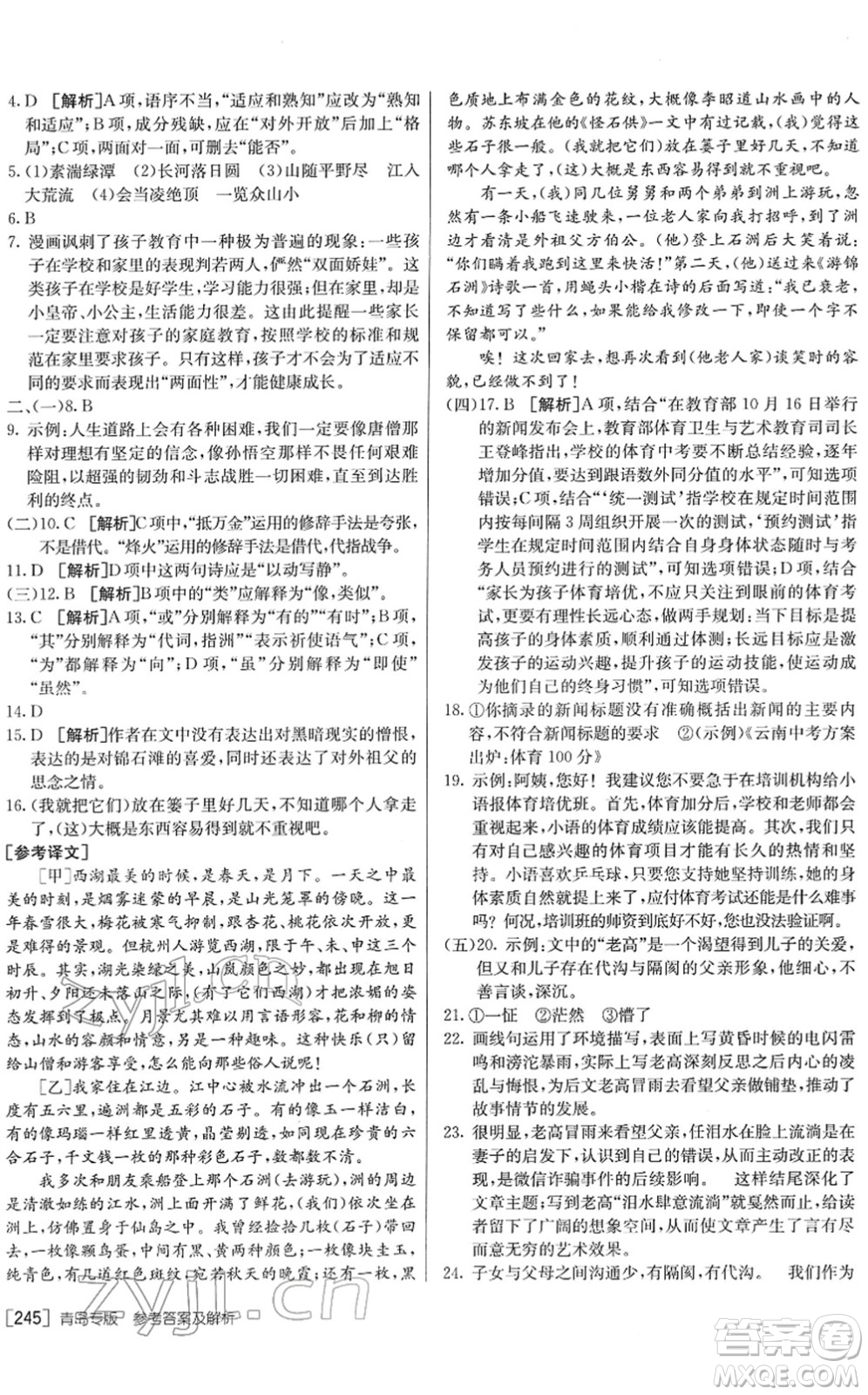 新疆青少年出版社2022升學(xué)錦囊九年級語文青島專版答案