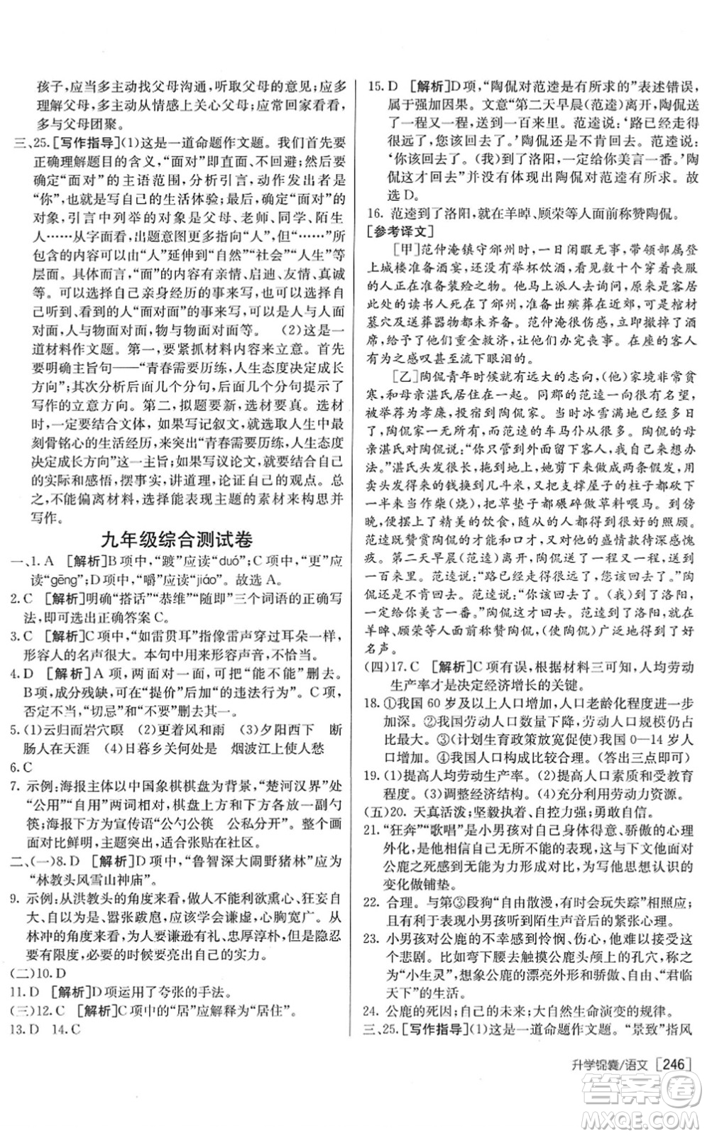 新疆青少年出版社2022升學(xué)錦囊九年級語文青島專版答案