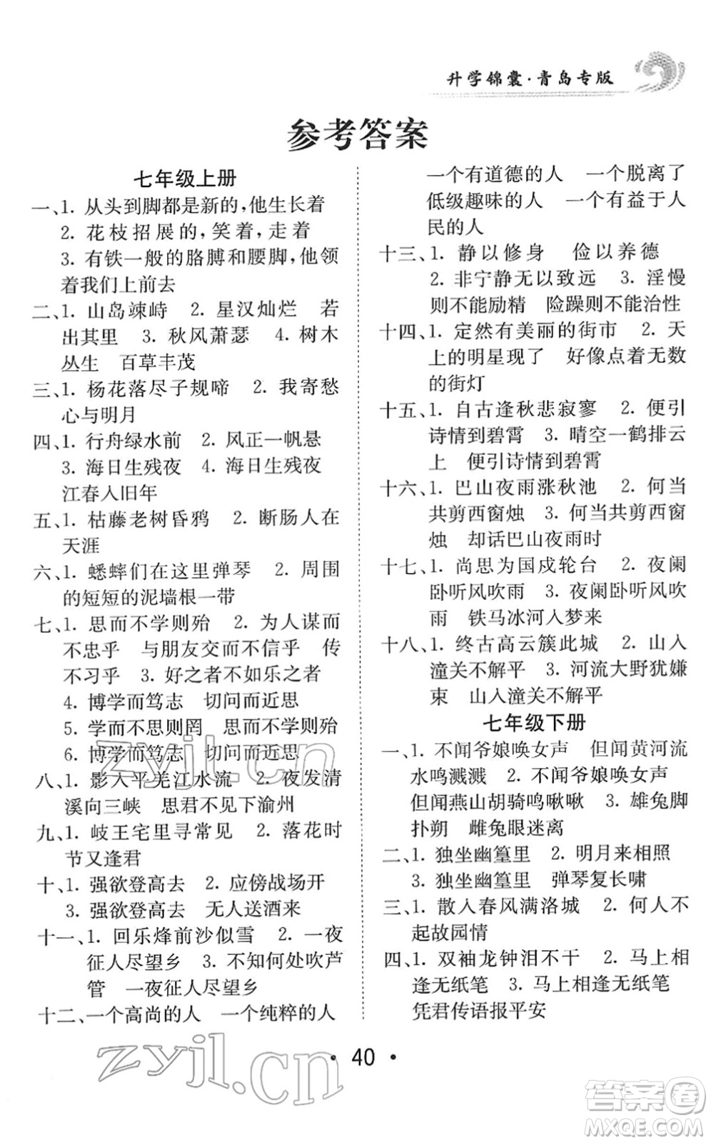 新疆青少年出版社2022升學(xué)錦囊九年級語文青島專版答案