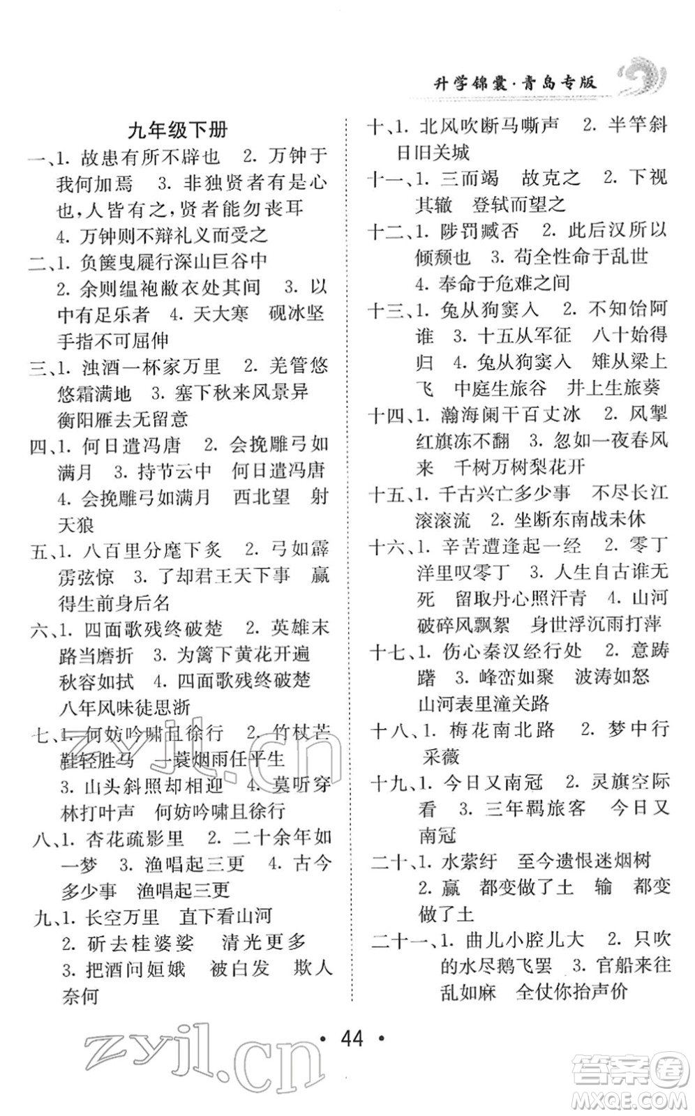 新疆青少年出版社2022升學(xué)錦囊九年級語文青島專版答案