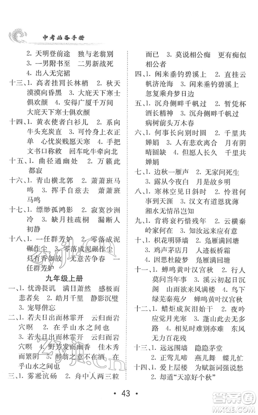 新疆青少年出版社2022升學(xué)錦囊九年級語文青島專版答案
