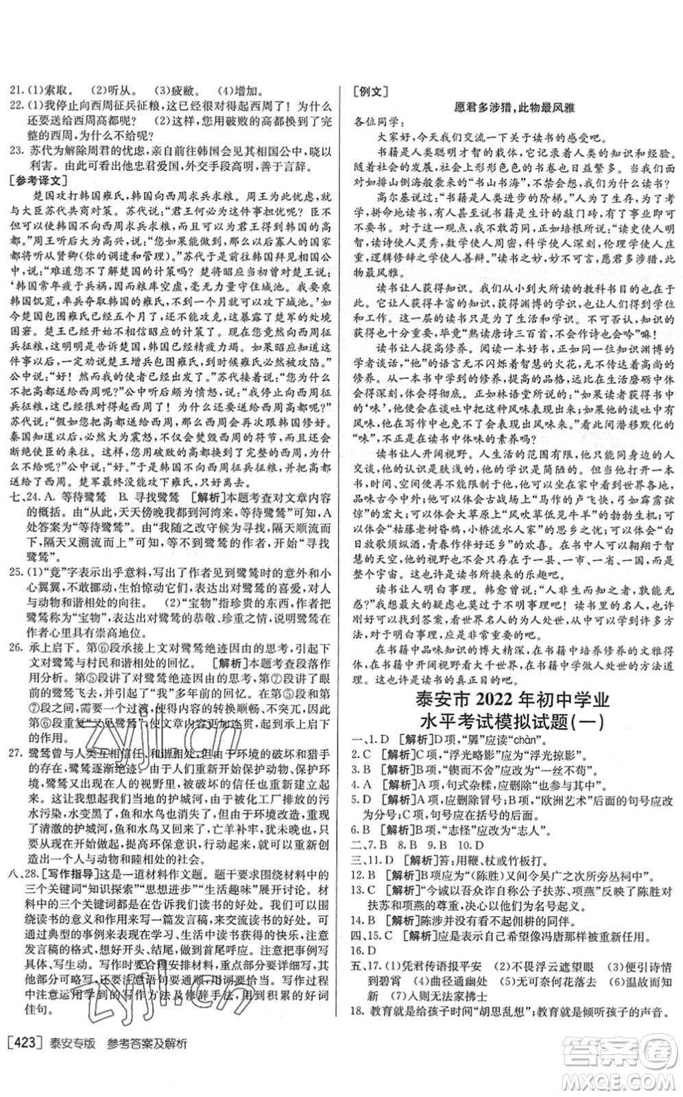 新疆青少年出版社2022升學(xué)錦囊九年級語文泰安專版答案
