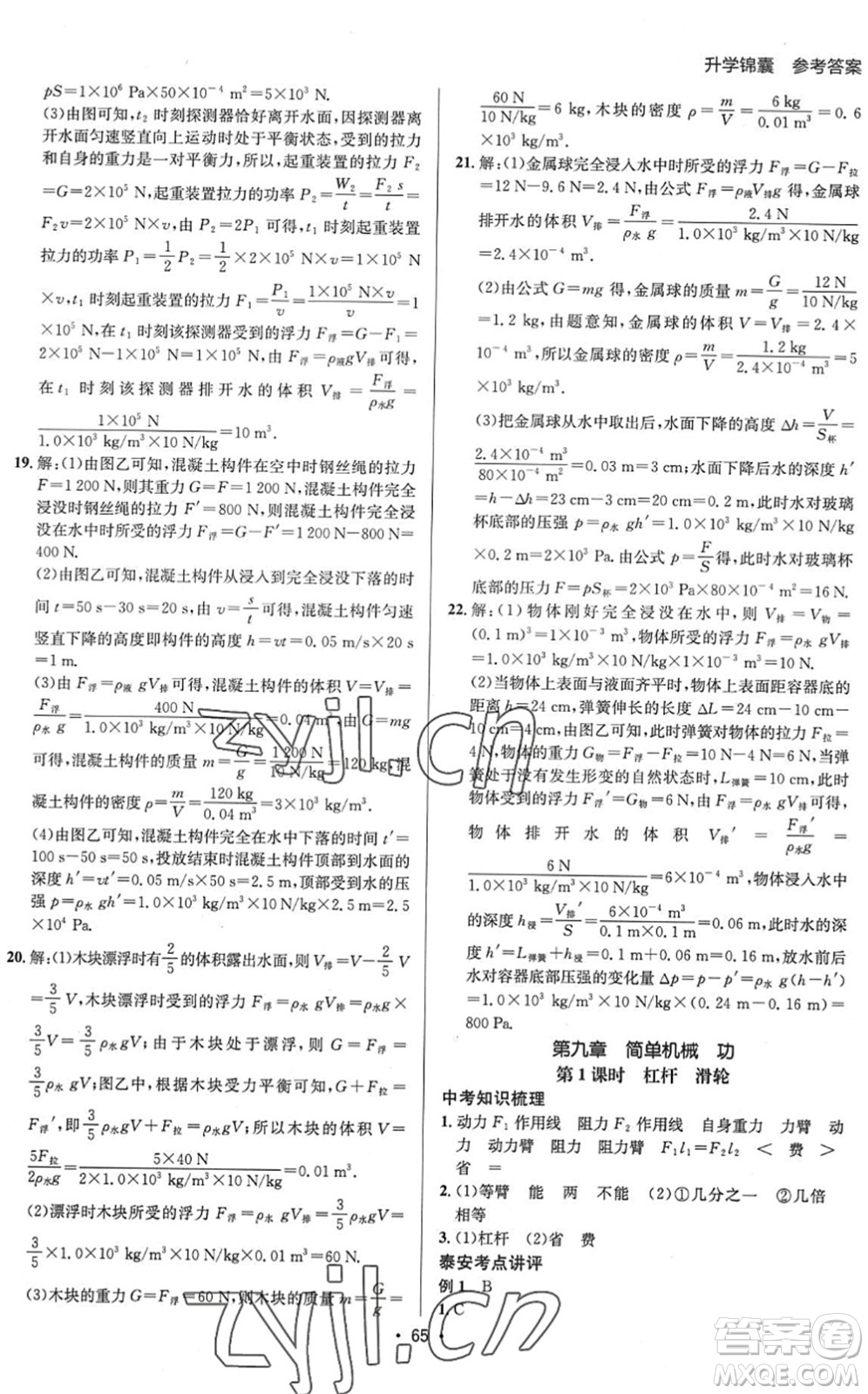新疆青少年出版社2022升學錦囊九年級物理泰安專版答案