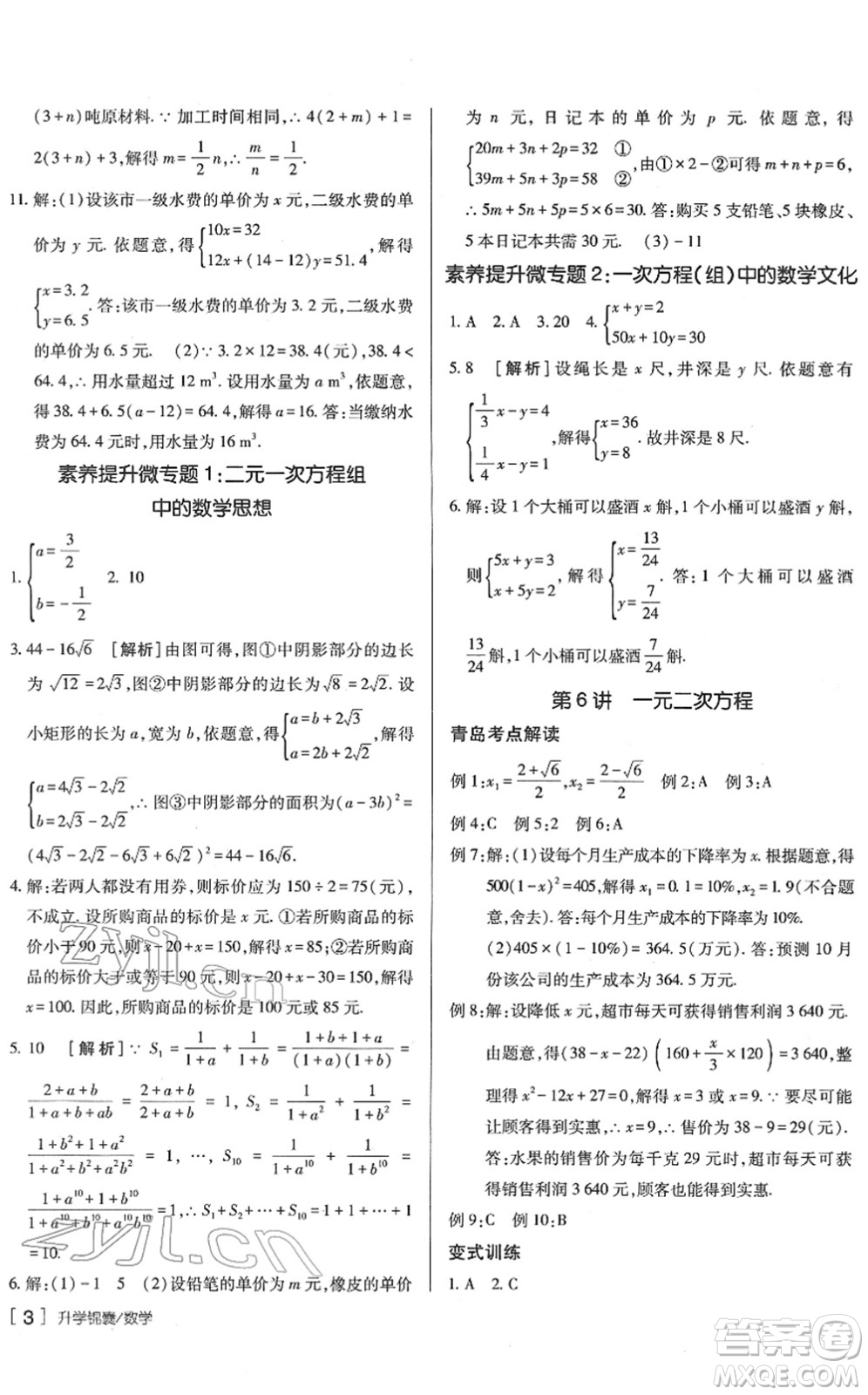 新疆青少年出版社2022升學(xué)錦囊九年級(jí)數(shù)學(xué)青島專版答案