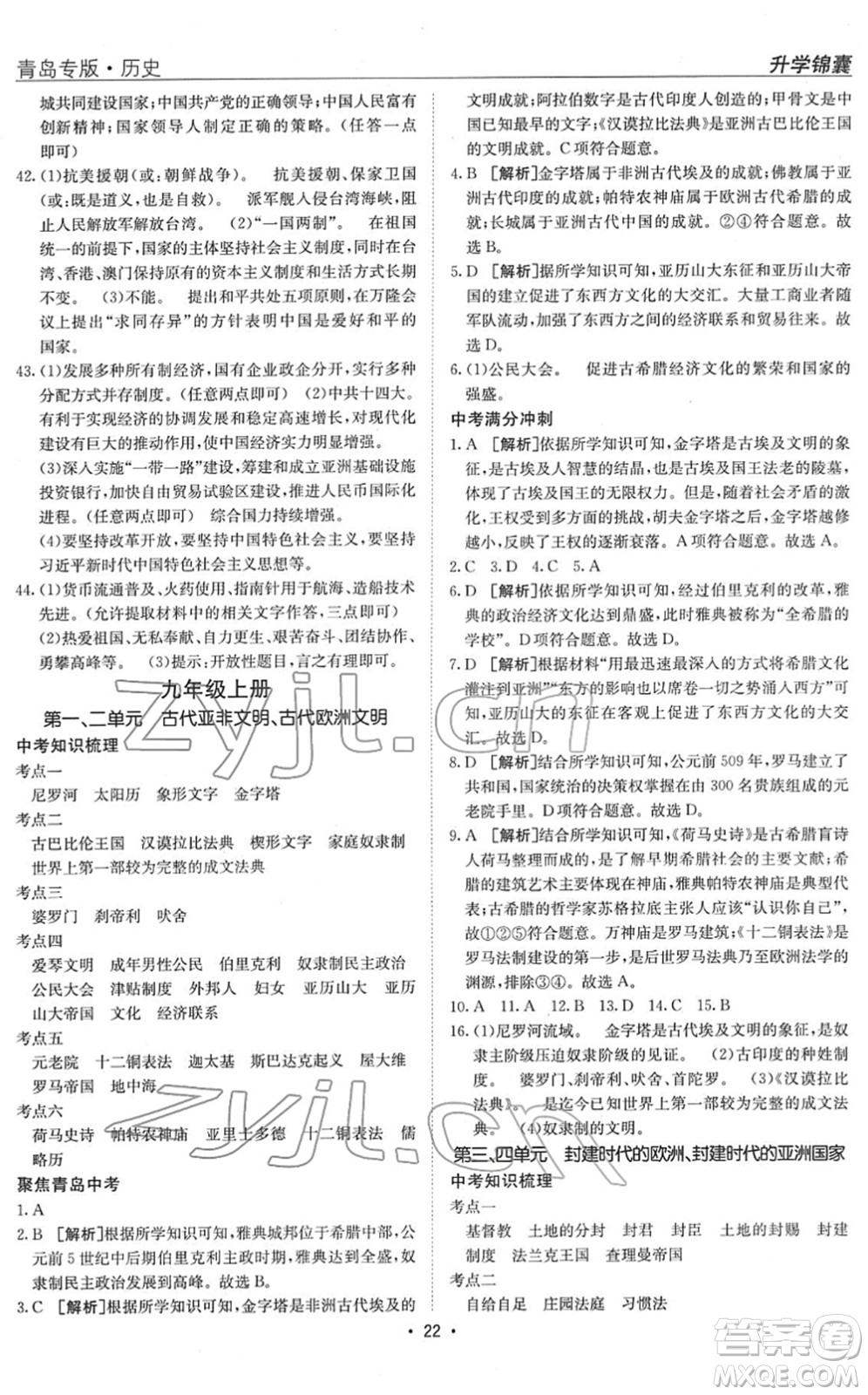 新疆青少年出版社2022升學(xué)錦囊九年級(jí)歷史青島專版答案