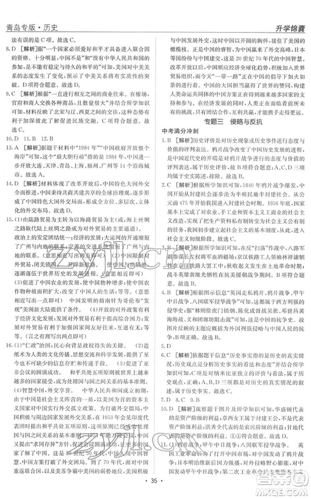 新疆青少年出版社2022升學(xué)錦囊九年級(jí)歷史青島專版答案