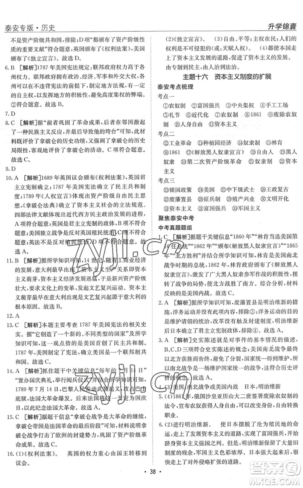 新疆青少年出版社2022升學(xué)錦囊九年級(jí)歷史泰安專(zhuān)版答案