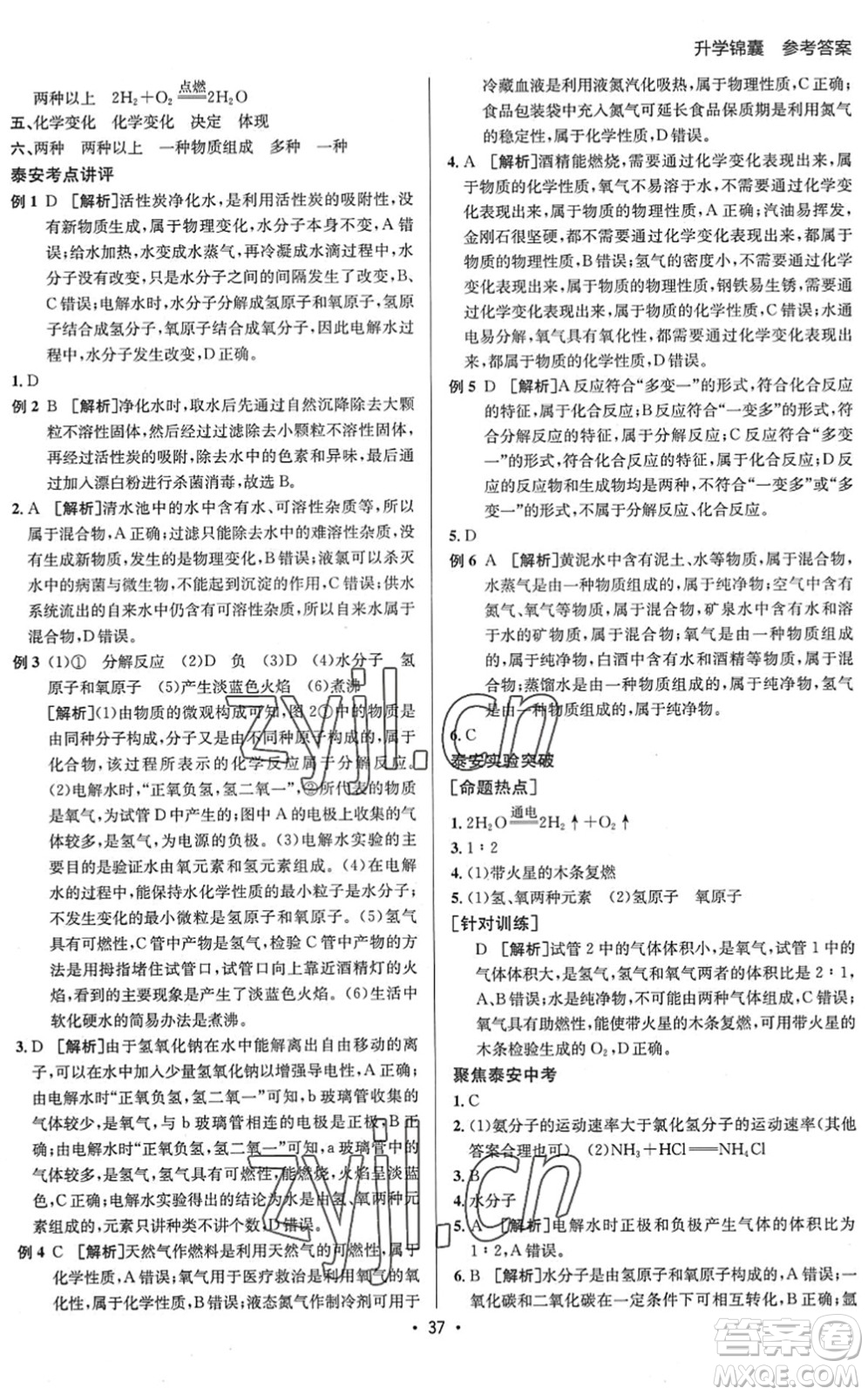 新疆青少年出版社2022升學(xué)錦囊九年級(jí)化學(xué)泰安專版答案
