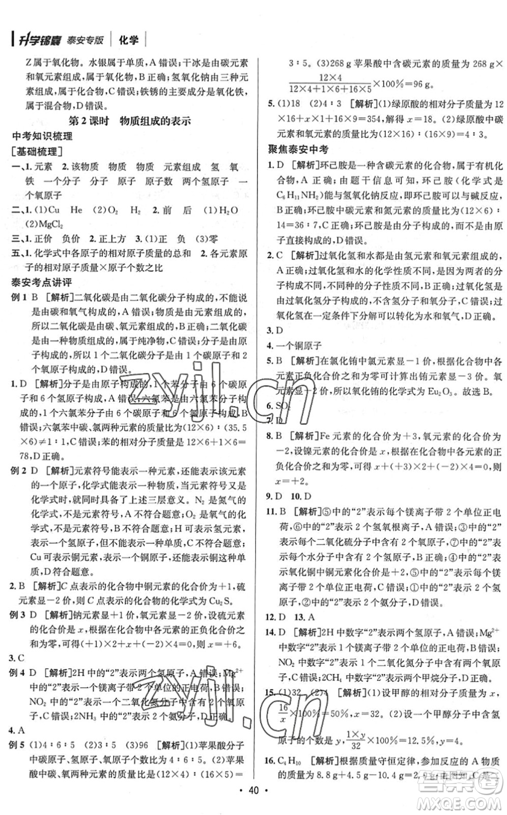 新疆青少年出版社2022升學(xué)錦囊九年級(jí)化學(xué)泰安專版答案