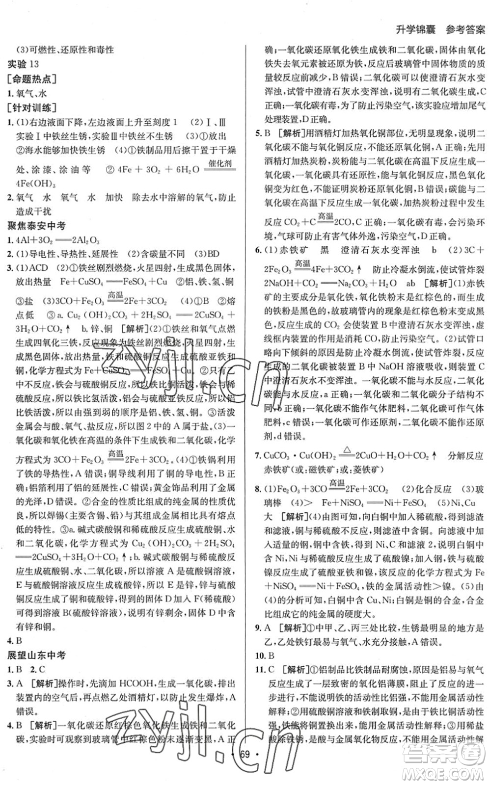 新疆青少年出版社2022升學(xué)錦囊九年級(jí)化學(xué)泰安專版答案