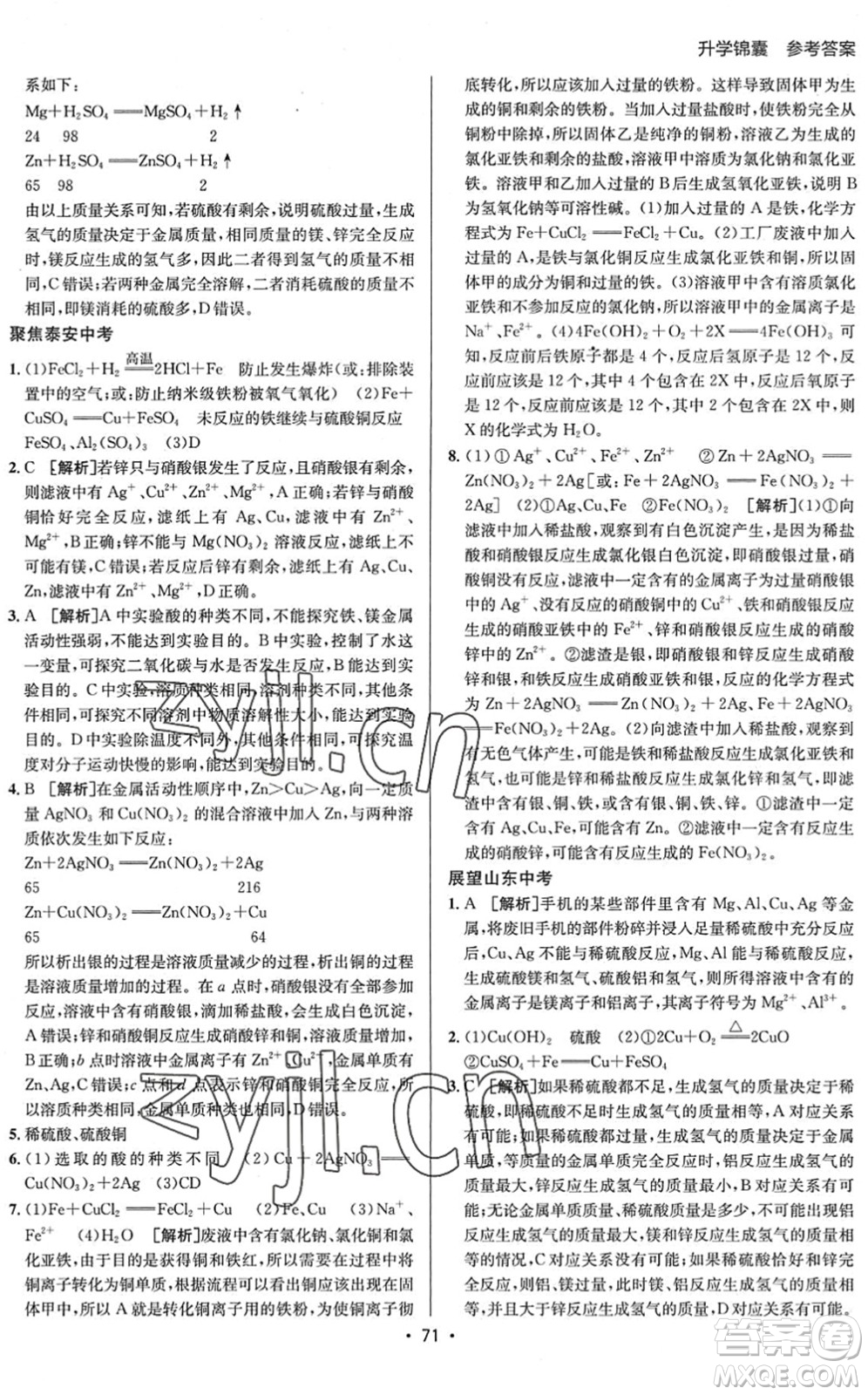 新疆青少年出版社2022升學(xué)錦囊九年級(jí)化學(xué)泰安專版答案