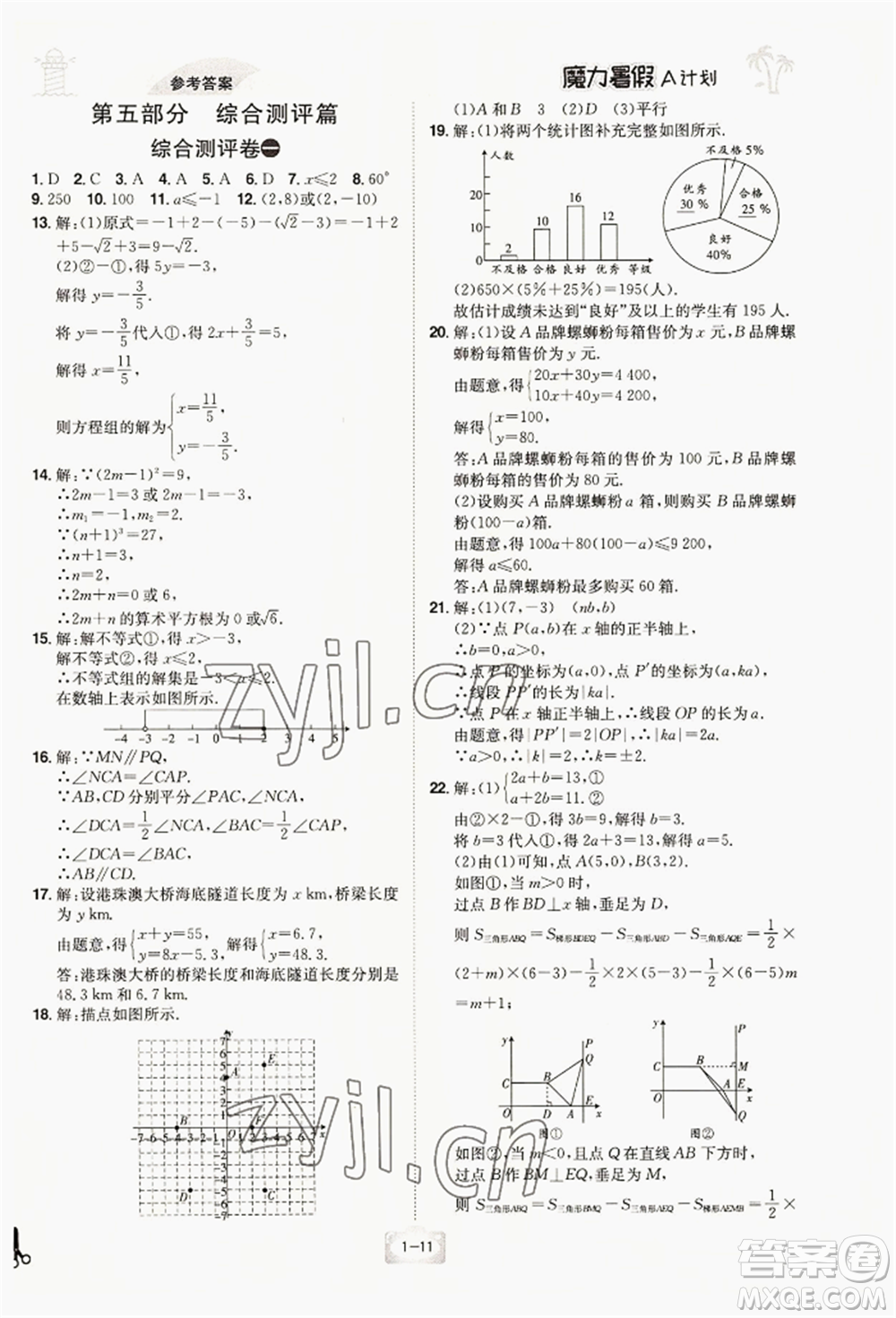 江西美術(shù)出版社2022魔力暑假A計(jì)劃七年級數(shù)學(xué)人教版參考答案