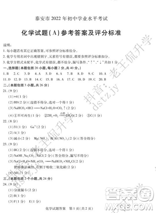 泰安市2022年初中學業(yè)水平考試化學試題及答案