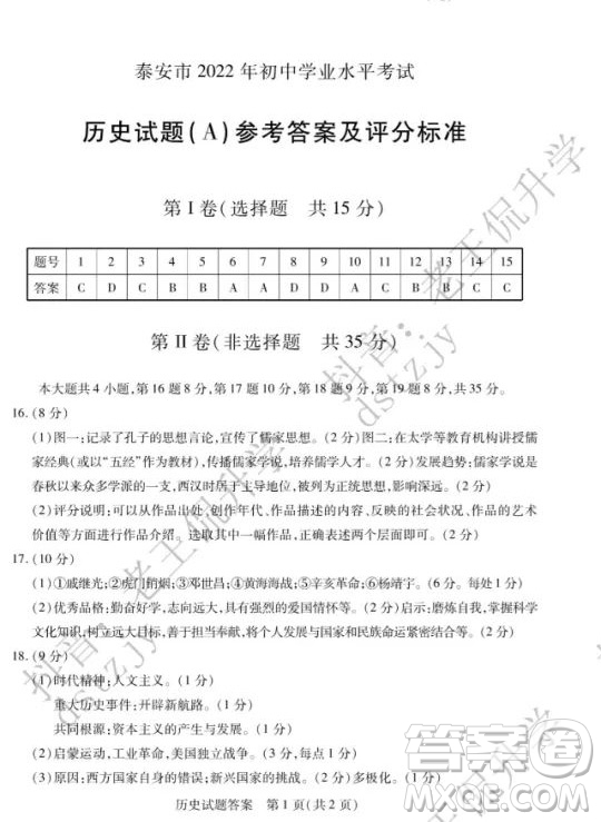 泰安市2022年初中學業(yè)水平考試歷史試題及答案